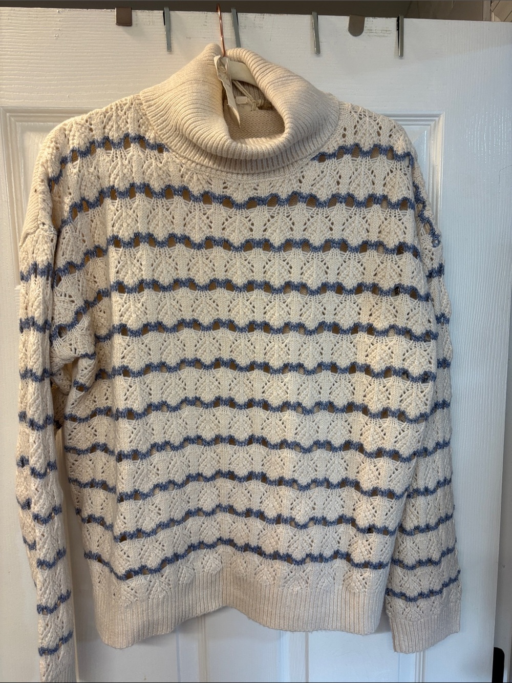 Hem & Thread beautiful crocheted sweater. Cream with blue stripes.